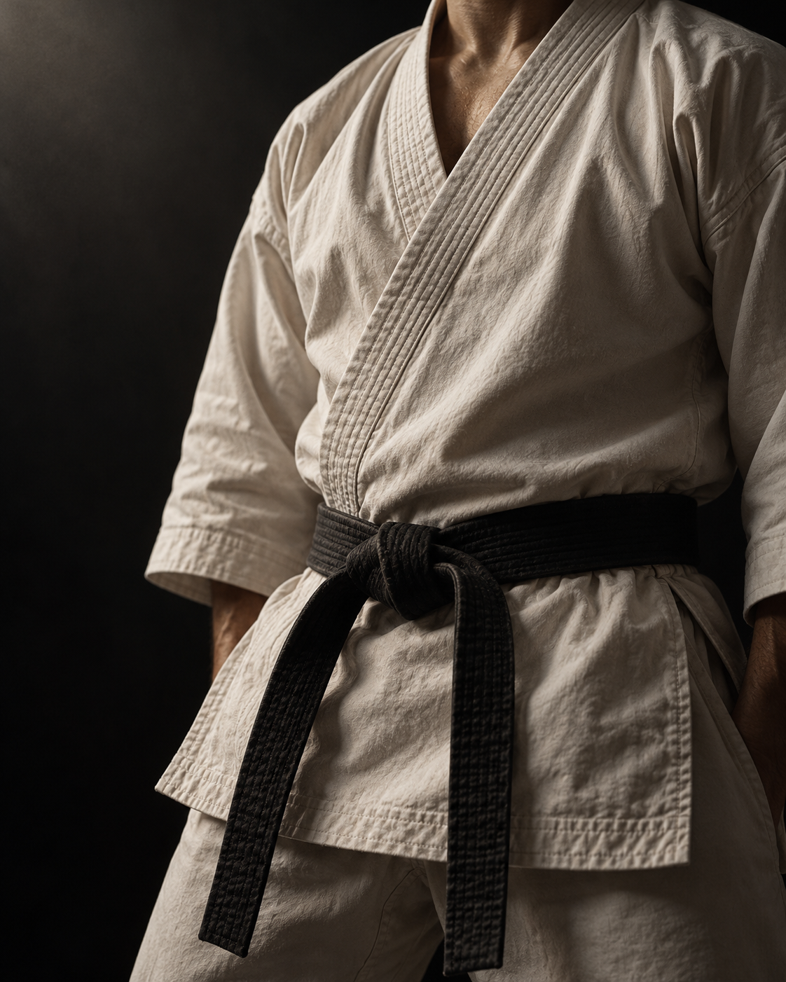 Editorial detail of a traditional karate gi and a worn black belt